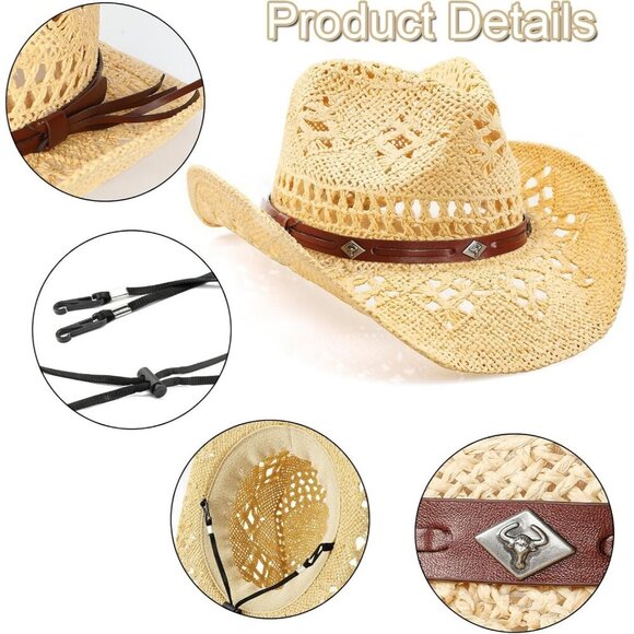 Women\'s Straw Wide with Shapeable Brim Cowboy Hat Beige + Brown Calf Head